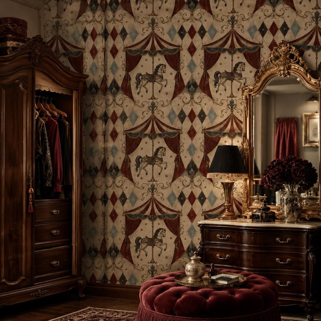 Oxblood harlequin circus wallpaper in a dressing room with an antique wardrobe, gilded mirror and red ottoman