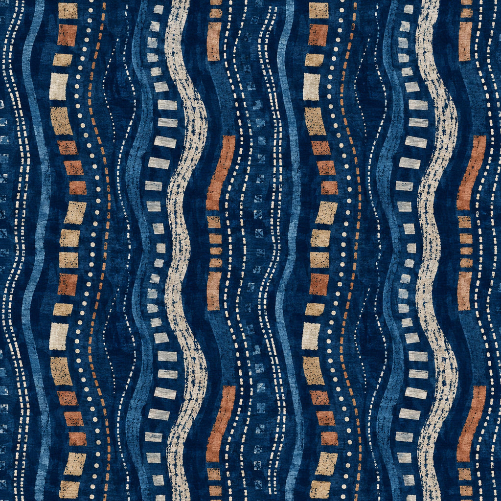 Afrohemian indigo mudcloth wallpaper close-up of the wavy stripe pattern in indigo, rust and cream