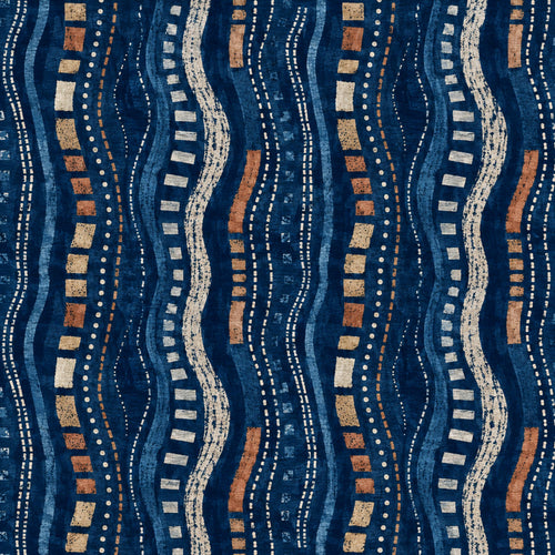 Afrohemian indigo mudcloth wallpaper close-up of the wavy stripe pattern in indigo, rust and cream