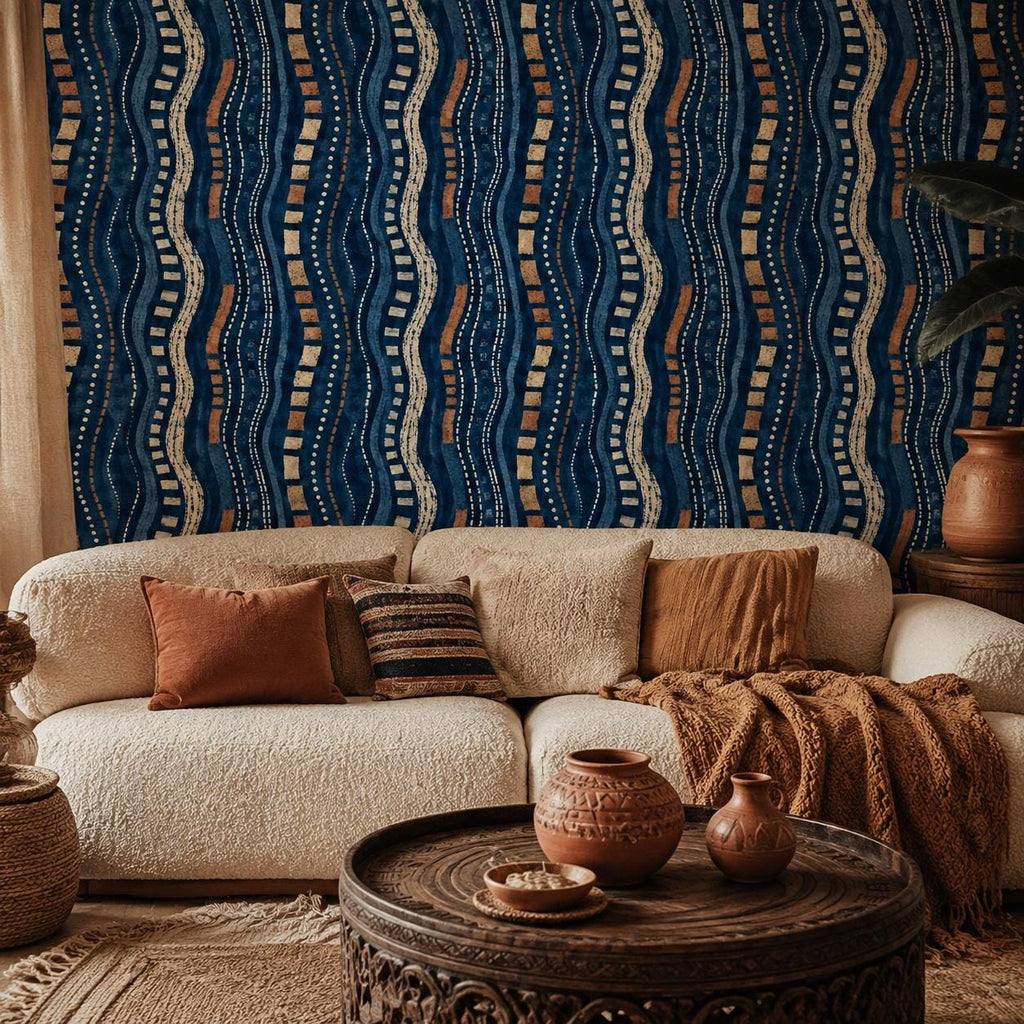 Afrohemian indigo mudcloth wallpaper in a living room with a cream sofa, rust pillows and a carved wooden coffee table