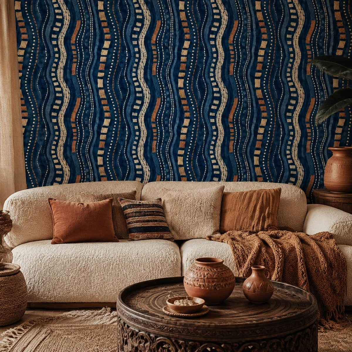 Afrohemian indigo mudcloth wallpaper in a living room with a cream sofa, rust pillows and a carved wooden coffee table