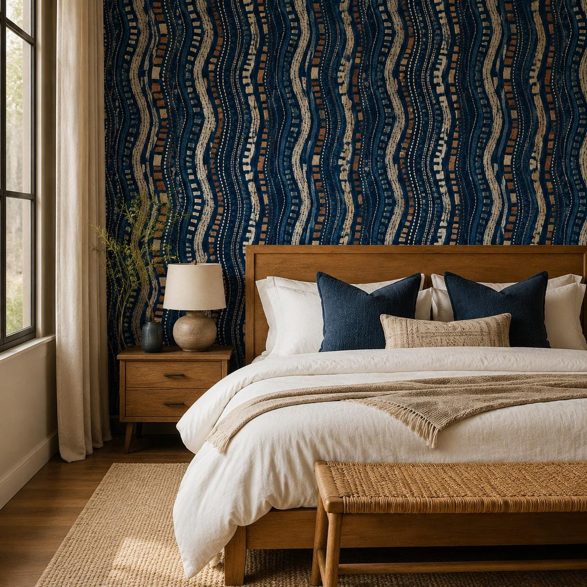 Afrohemian indigo mudcloth wallpaper in a bedroom with a wooden bed, navy pillows and a woven bench