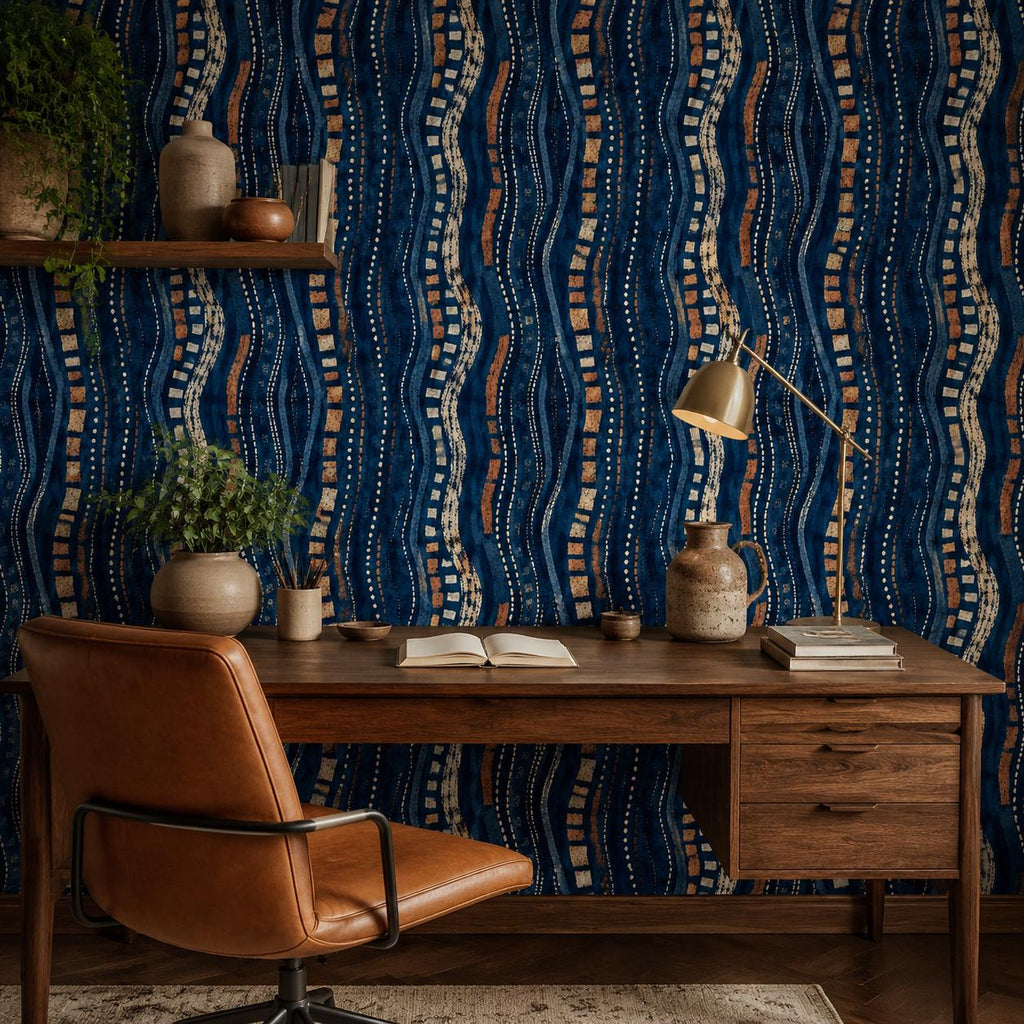 Afrohemian indigo mudcloth wallpaper in a home office with a wooden desk, leather chair and brass lamp