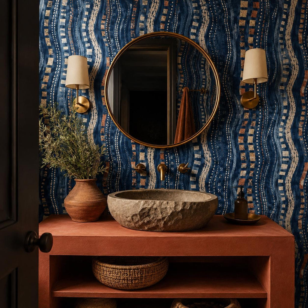 Afrohemian indigo mudcloth wallpaper in a bathroom with a stone vessel sink, round mirror and brass sconces