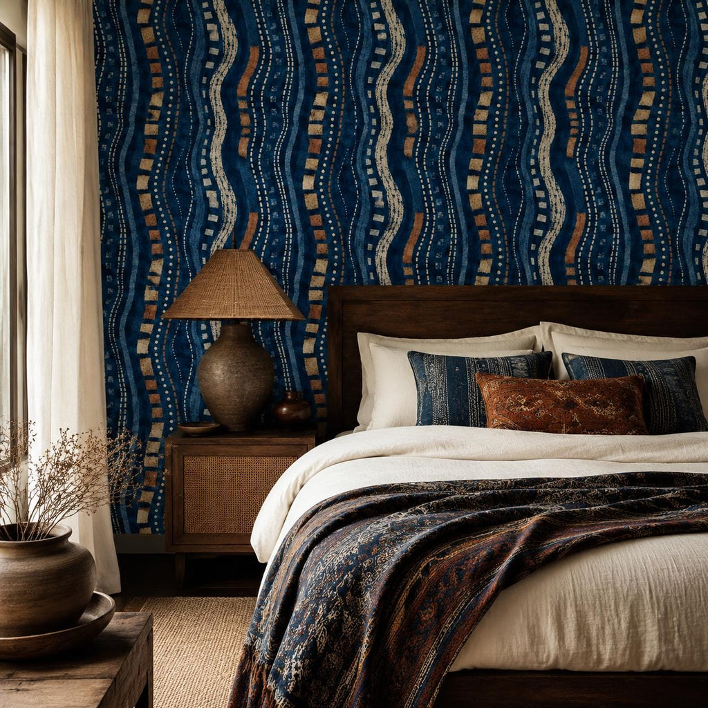 Afrohemian indigo mudcloth wallpaper in a bedroom with a dark wood bed, rust pillows and a patterned throw