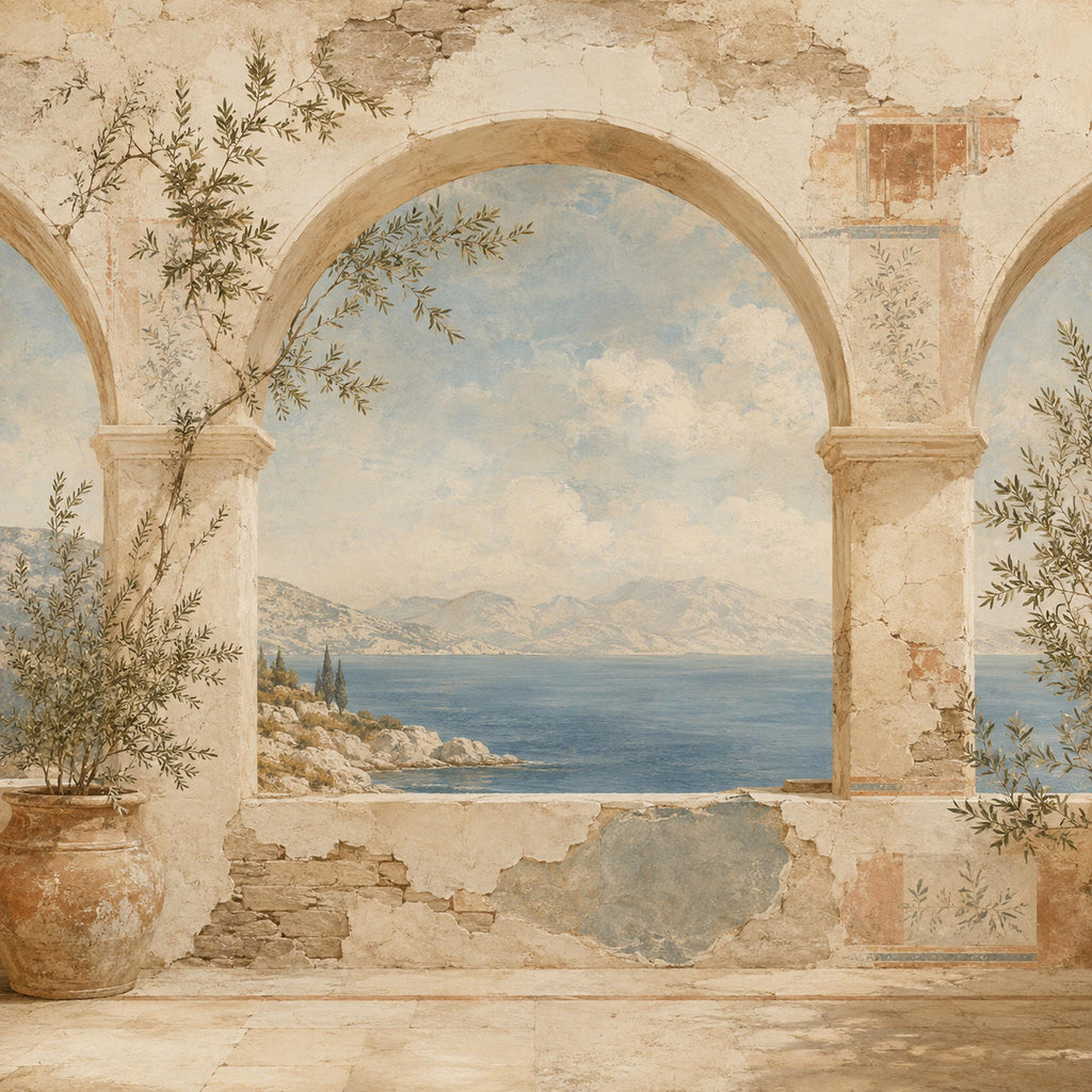 Greek fresco Aegean arch mural full design view of stone arches framing the sea, hills and olive branches