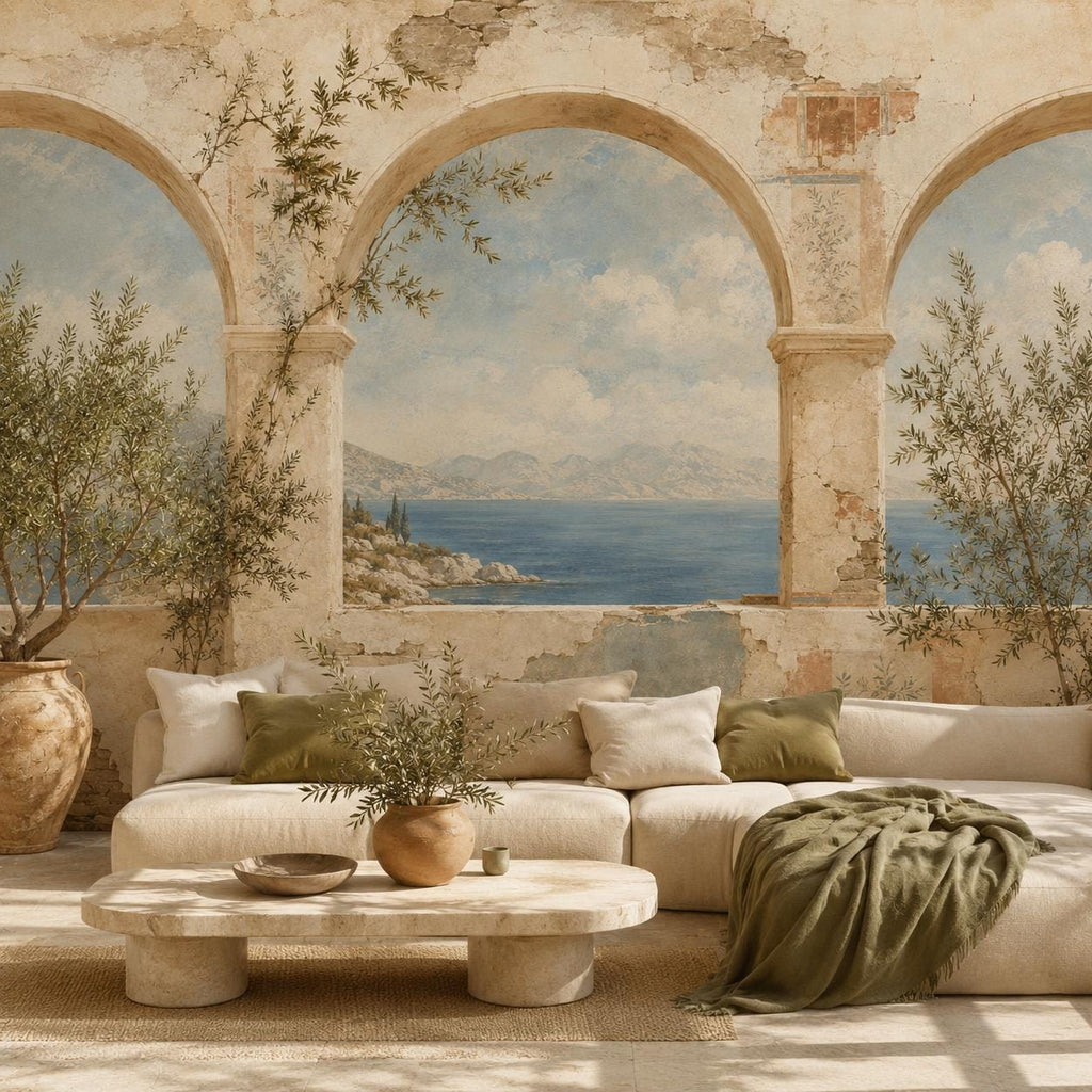 Greek fresco Aegean arch mural in a living room with a cream sofa, olive cushions and stone coffee table