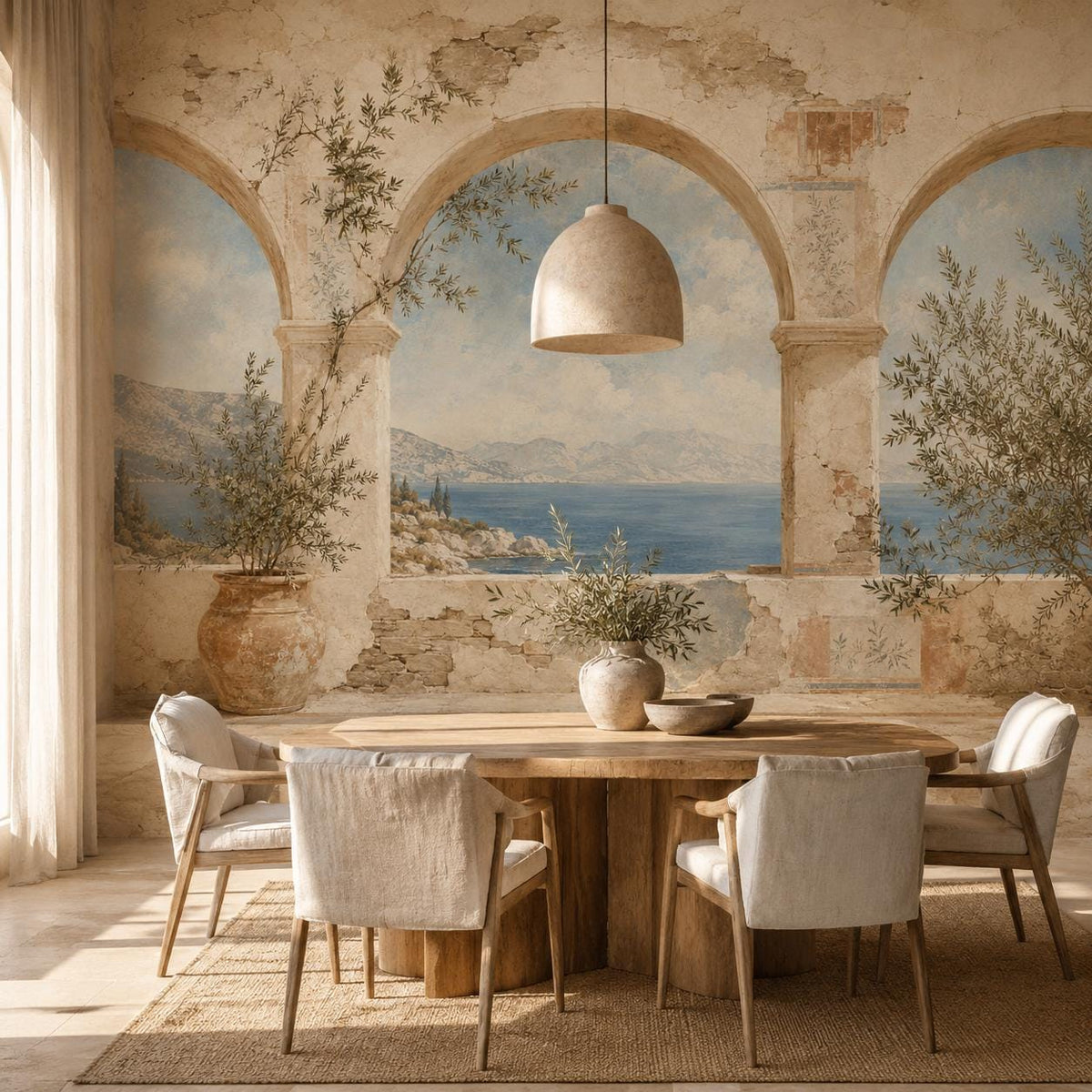 Greek fresco Aegean arch mural in a dining room with a round wooden table, white chairs and pendant light
