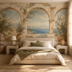 Greek fresco Aegean arch mural in a bedroom with an upholstered bed, olive throw and stone nightstands