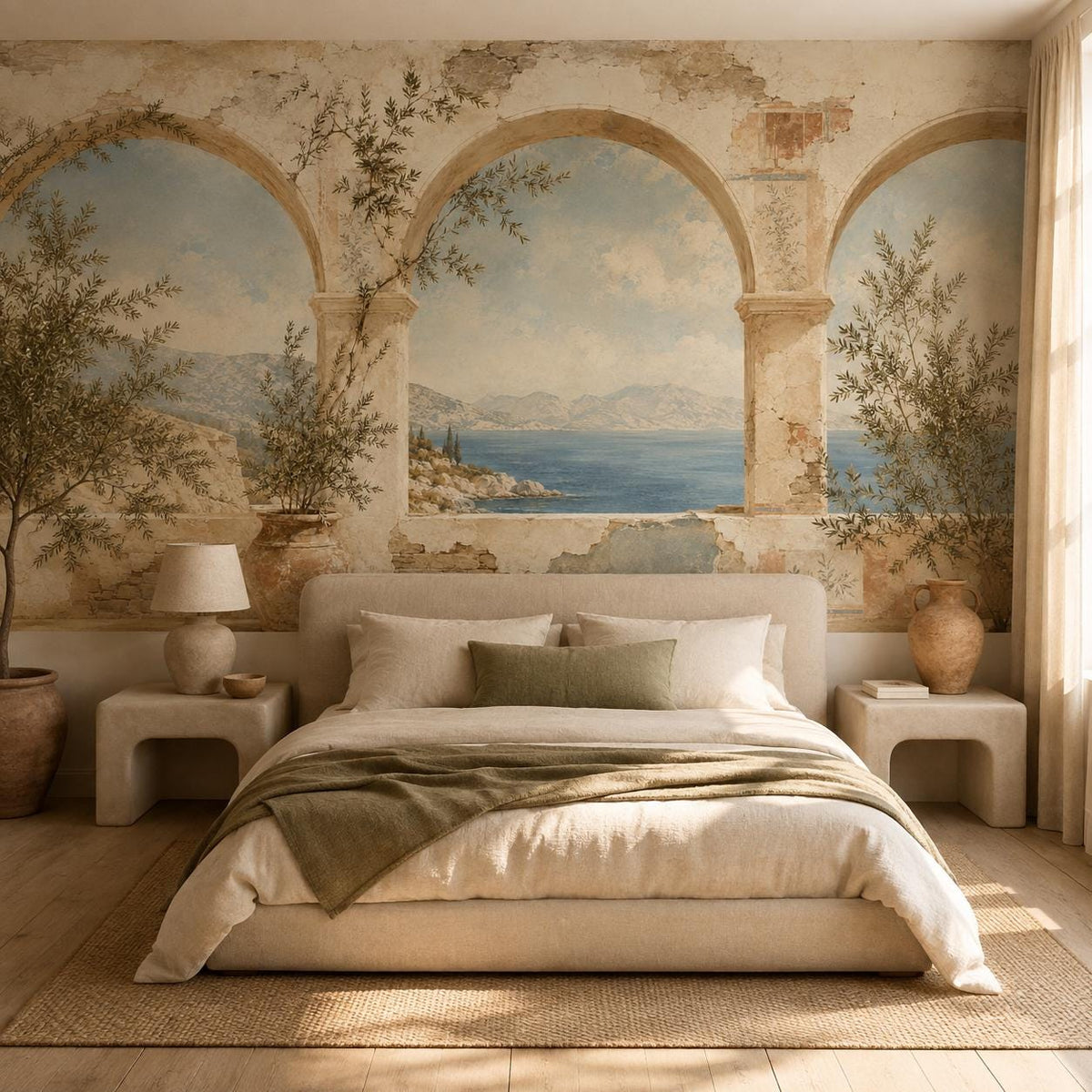 Greek fresco Aegean arch mural in a bedroom with an upholstered bed, olive throw and stone nightstands