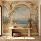 Greek fresco Aegean arch mural in an entryway with a stone console, terracotta urn and woven basket