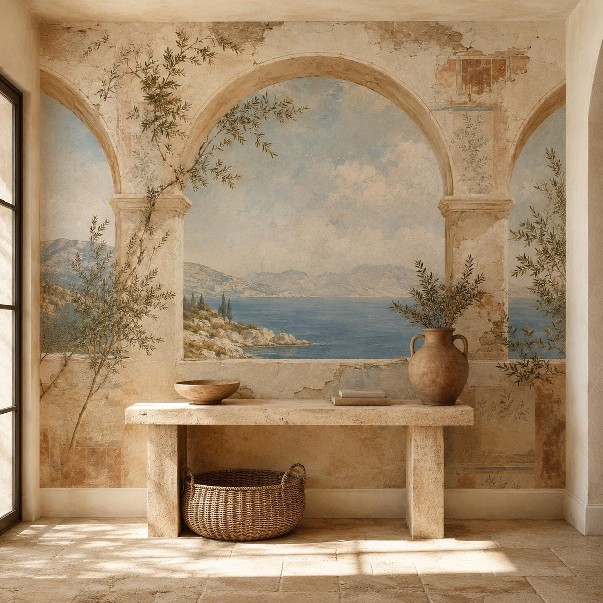 Greek fresco Aegean arch mural in an entryway with a stone console, terracotta urn and woven basket