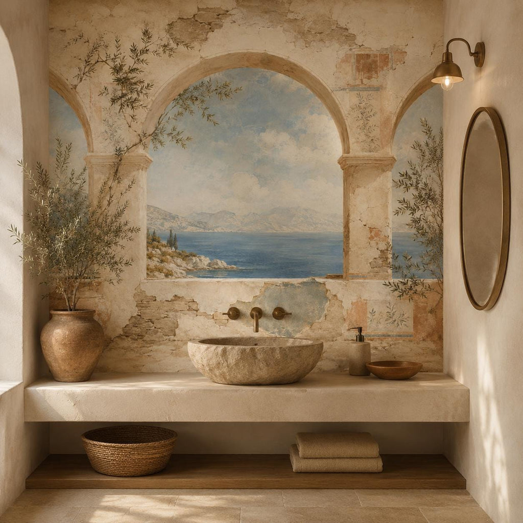 Greek fresco Aegean arch mural in a bathroom with a stone vessel sink, wall sconce and round mirror