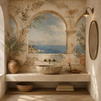 Greek fresco Aegean arch mural in a bathroom with a stone vessel sink, wall sconce and round mirror