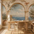 Greek fresco Aegean arch mural in a home office with a wooden desk, woven chair and ceramic lamp