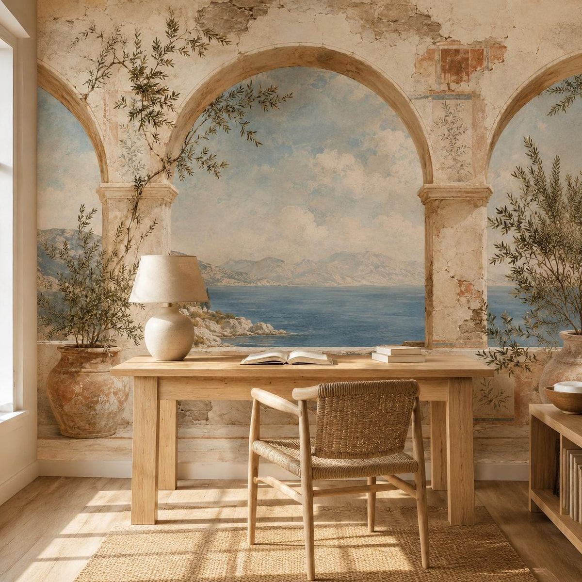 Greek fresco Aegean arch mural in a home office with a wooden desk, woven chair and ceramic lamp