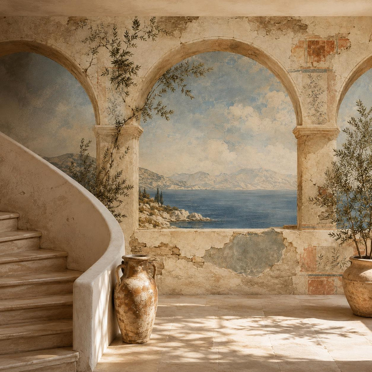 Greek fresco Aegean arch mural beside a curved stone staircase with a terracotta urn and olive tree