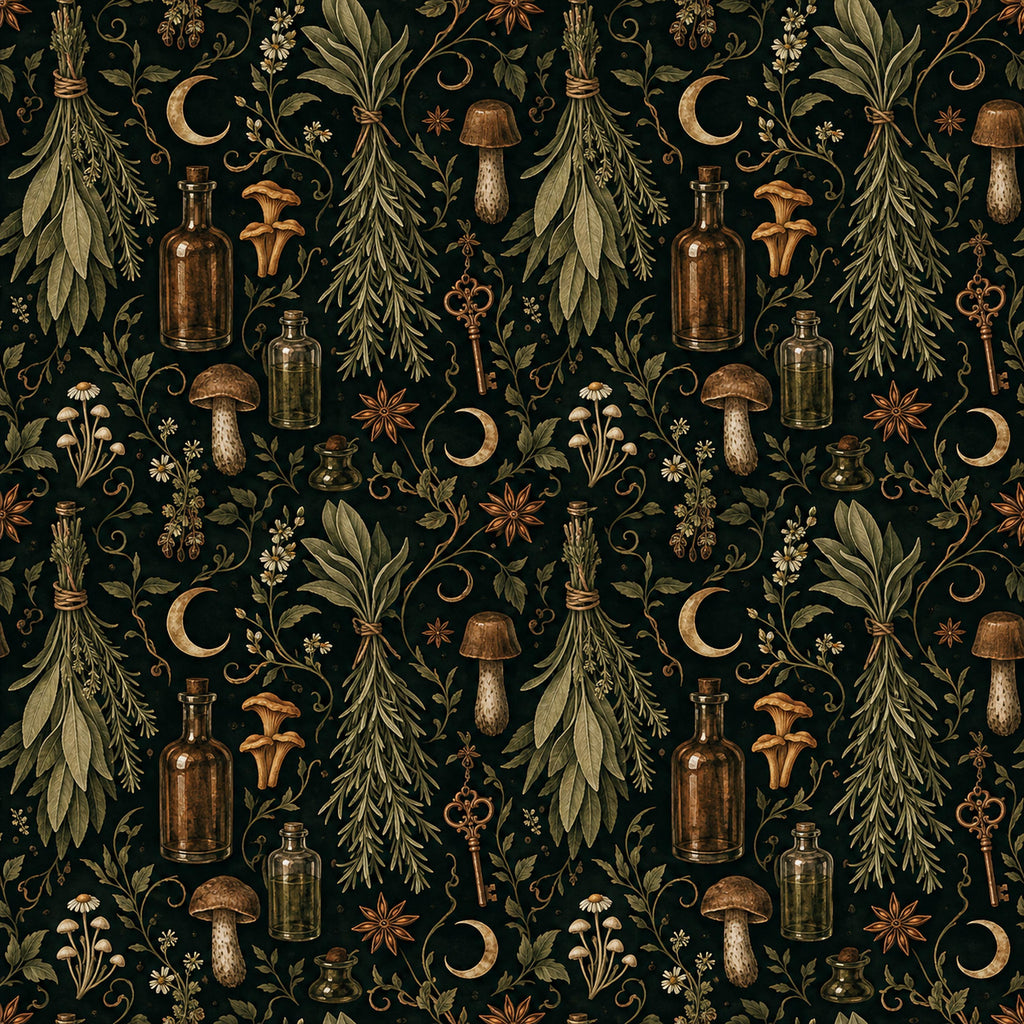 Kitchen witch dark botanical wallpaper flat view of herbs, apothecary bottles, mushrooms and crescent moons