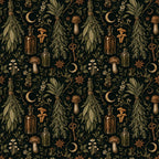 Kitchen witch dark botanical wallpaper flat view of herbs, apothecary bottles, mushrooms and crescent moons