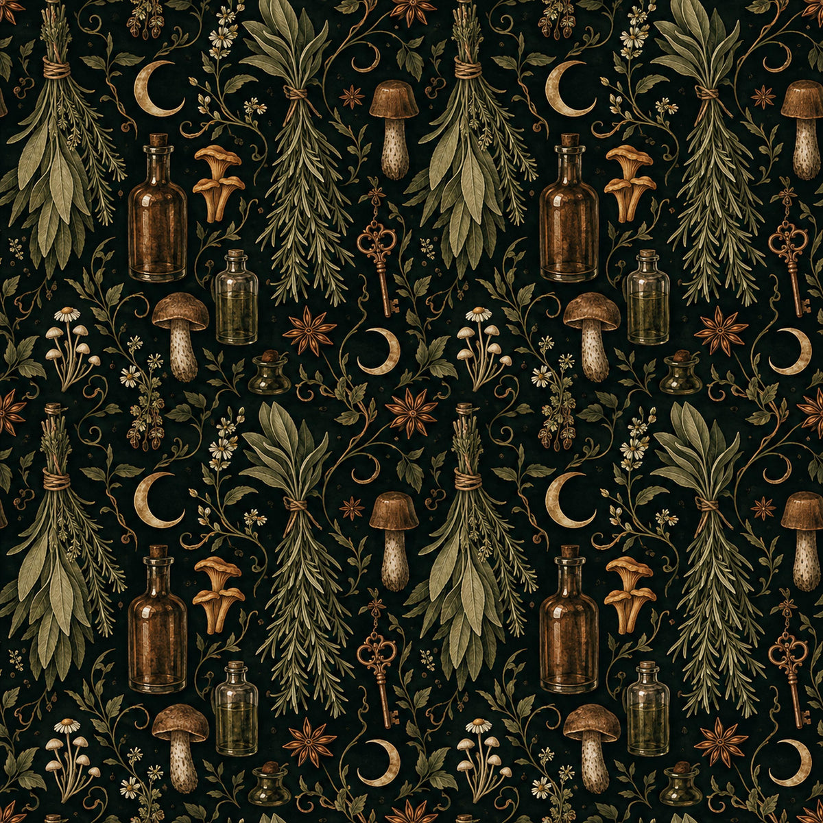 Kitchen witch dark botanical wallpaper flat view of herbs, apothecary bottles, mushrooms and crescent moons