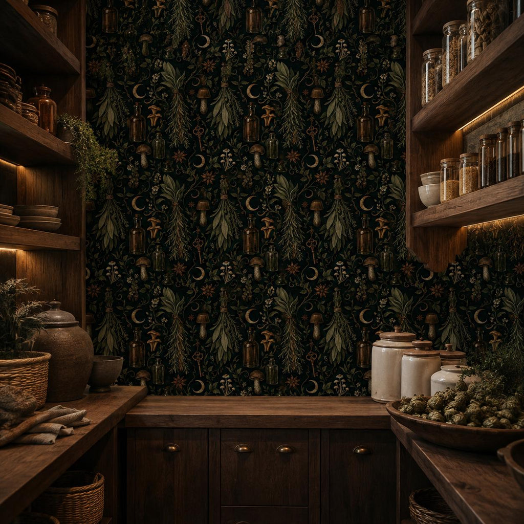 Kitchen witch dark botanical wallpaper in a kitchen with open shelves of jars and dark wood cabinets