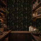 Kitchen witch dark botanical wallpaper in a kitchen with open shelves of jars and dark wood cabinets