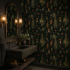 Kitchen witch dark botanical wallpaper in a bathroom with a stone sink, brass sconces and a mirror