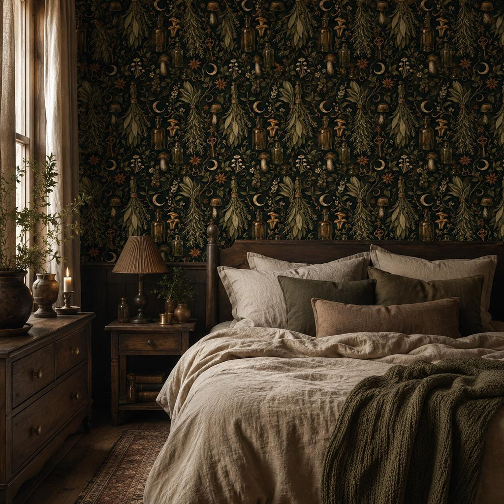 Kitchen witch dark botanical wallpaper in a bedroom with a dark wooden bed and layered linen bedding