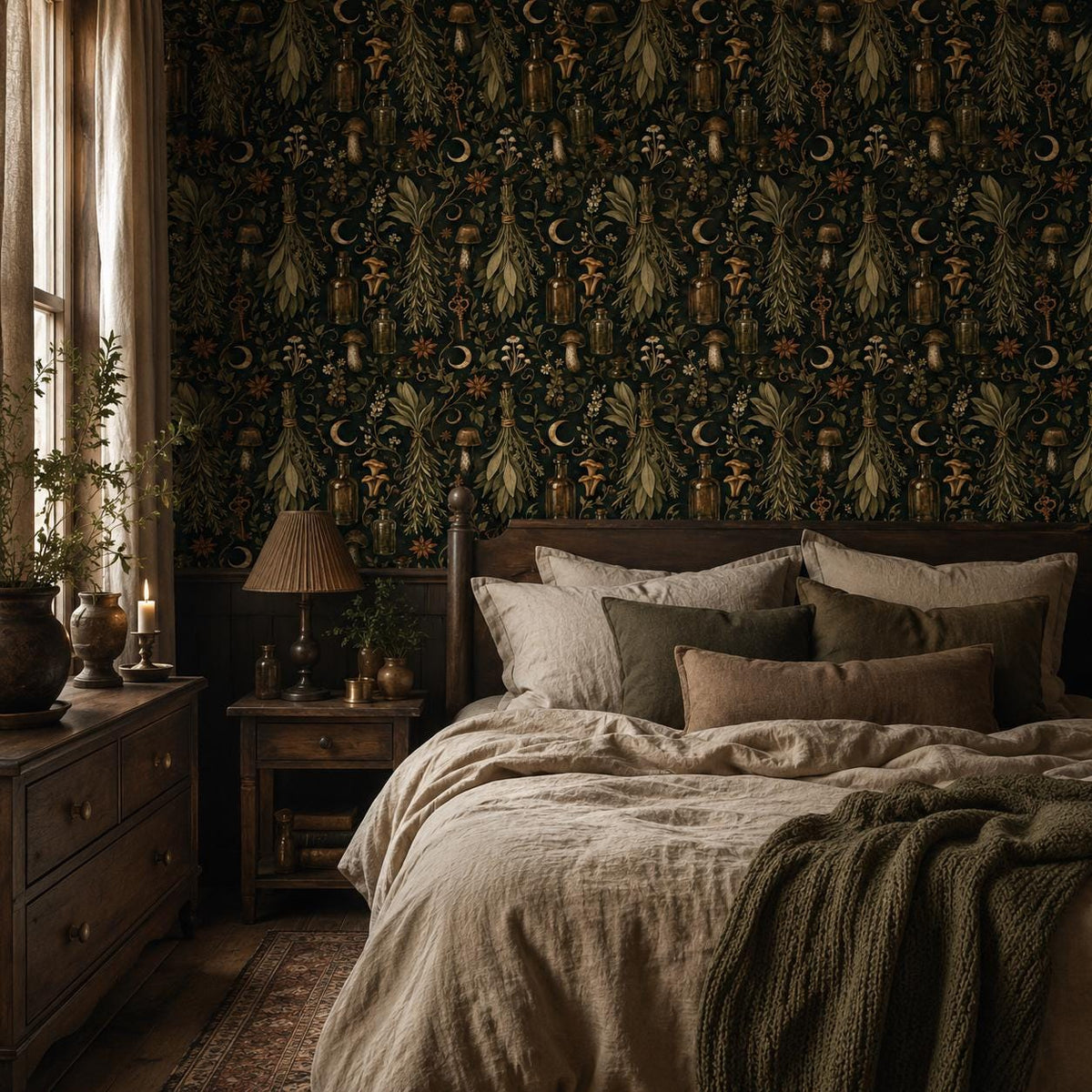 Kitchen witch dark botanical wallpaper in a bedroom with a dark wooden bed and layered linen bedding