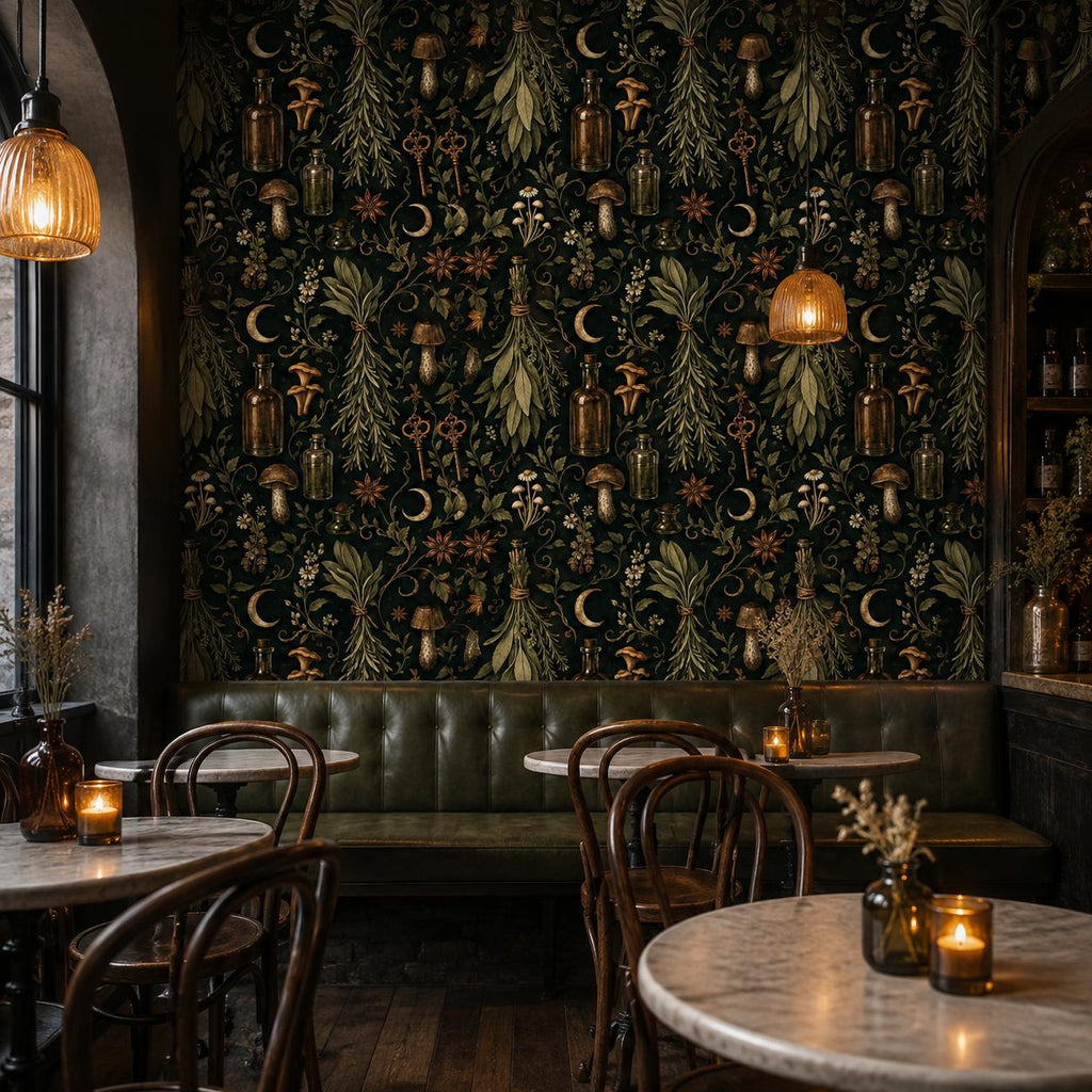 Kitchen witch dark botanical wallpaper in a cafe with a green leather banquette, marble tables and bentwood chairs