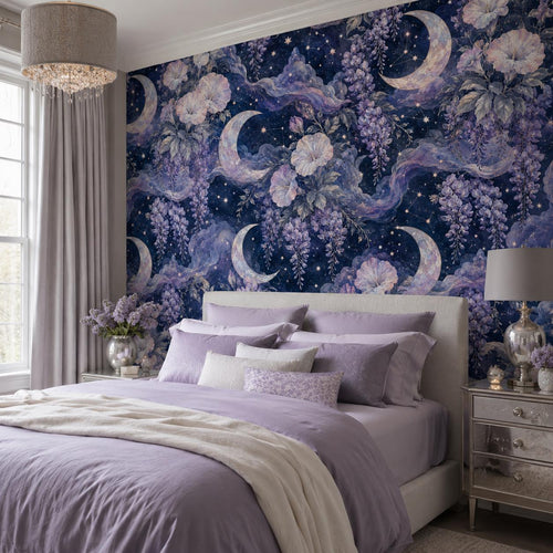 Celestial moon and wisteria wallpaper in a bedroom with lavender bedding and a white nightstand