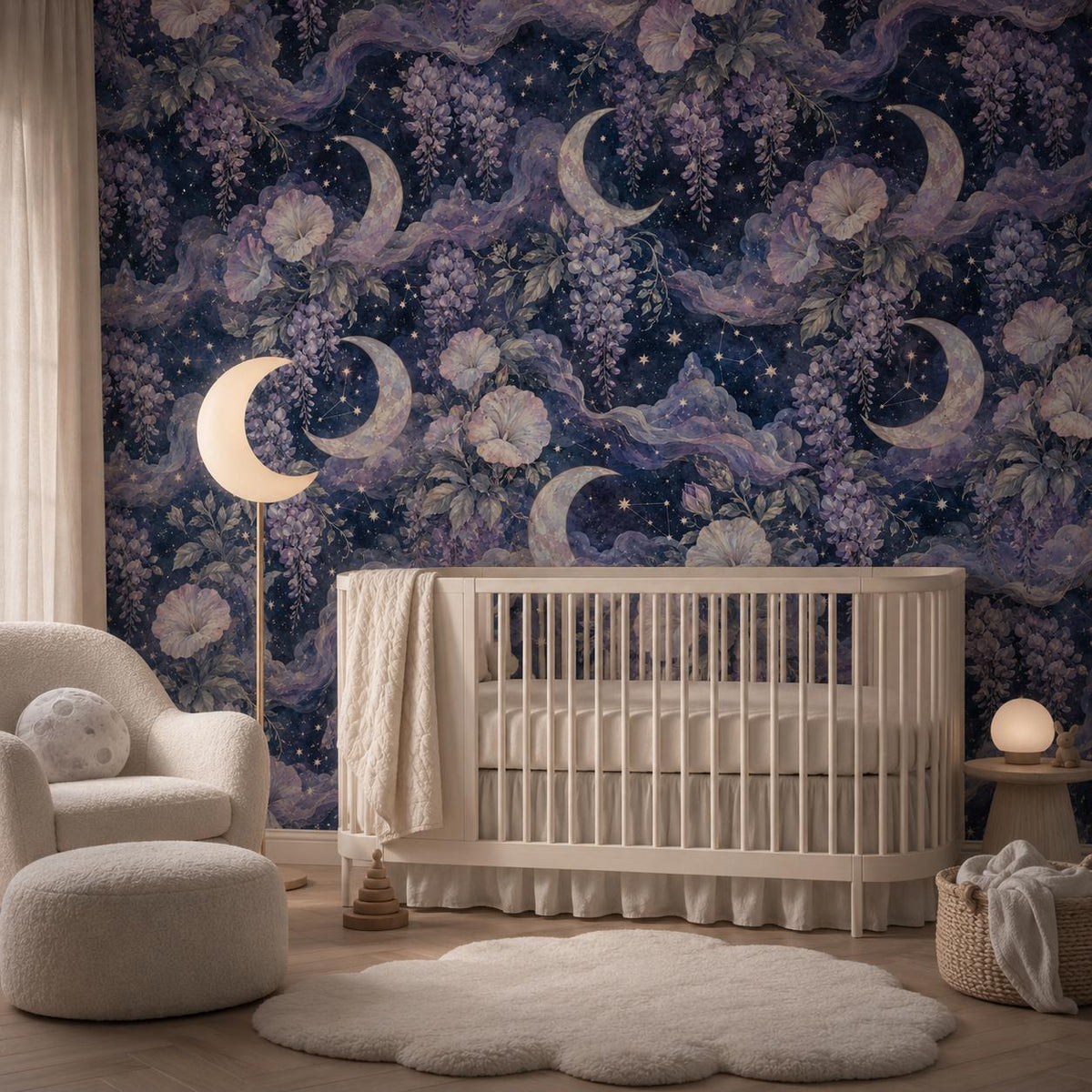 Celestial moon and wisteria wallpaper in a nursery with a white crib, armchair and cloud-shaped rug