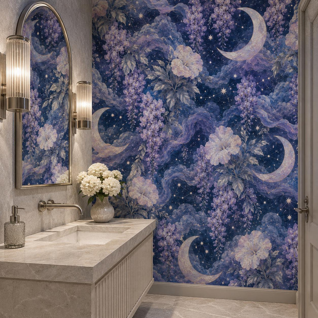 Celestial moon and wisteria wallpaper in a bathroom with a stone vanity, arched mirror and glass sconces