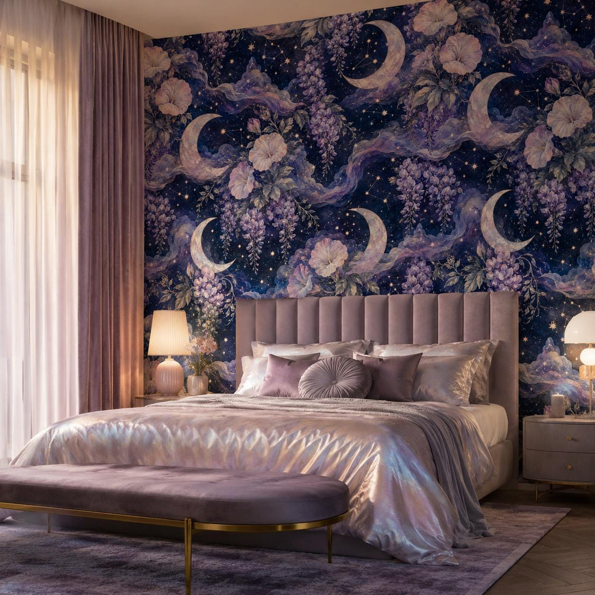 Celestial moon and wisteria wallpaper in a bedroom with a pink upholstered bed and iridescent bedding