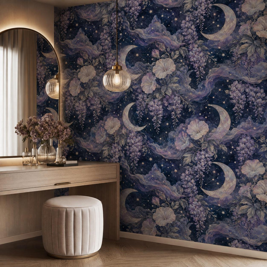 Celestial moon and wisteria wallpaper in a dressing area with a vanity desk, arched mirror and round stool