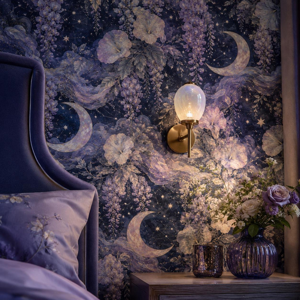Celestial moon and wisteria wallpaper close-up of the wall beside a purple velvet headboard and wall sconce