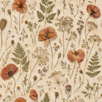 Pressed flower wallpaper flat view of the pressed poppy, fern and wildflower design