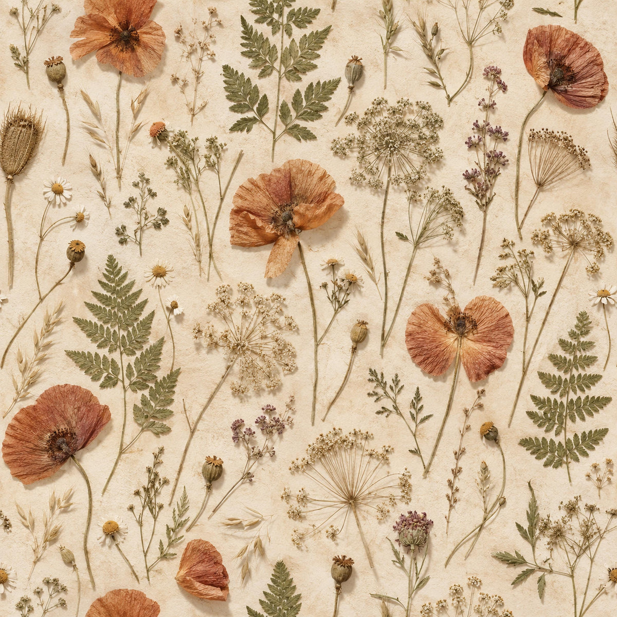 Pressed flower wallpaper flat view of the pressed poppy, fern and wildflower design