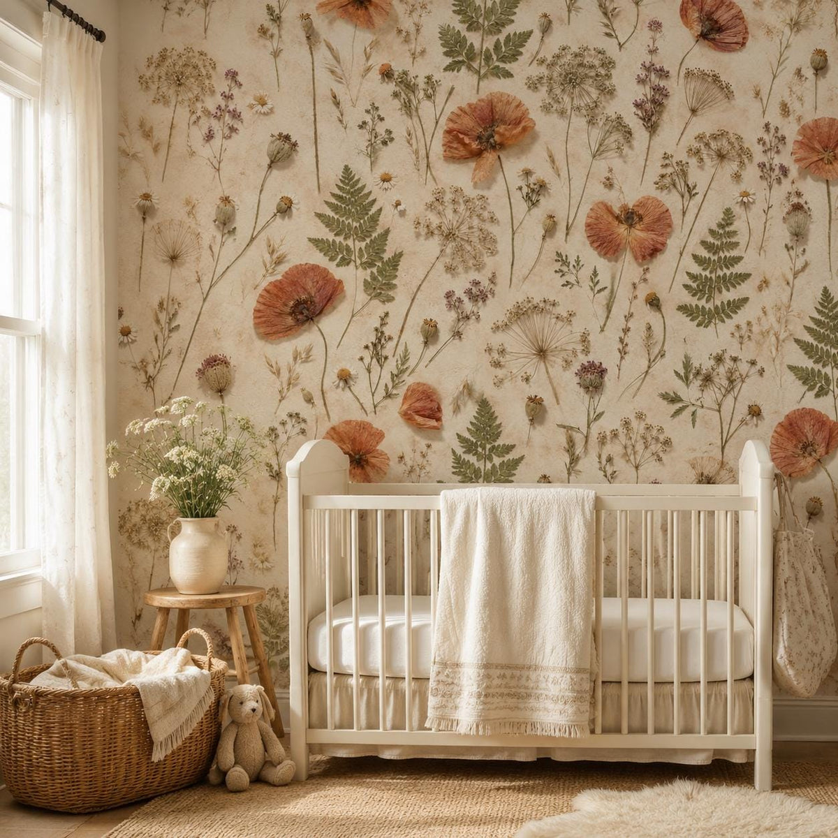 Pressed flower wallpaper in a nursery with a white crib, woven basket and plush bunny