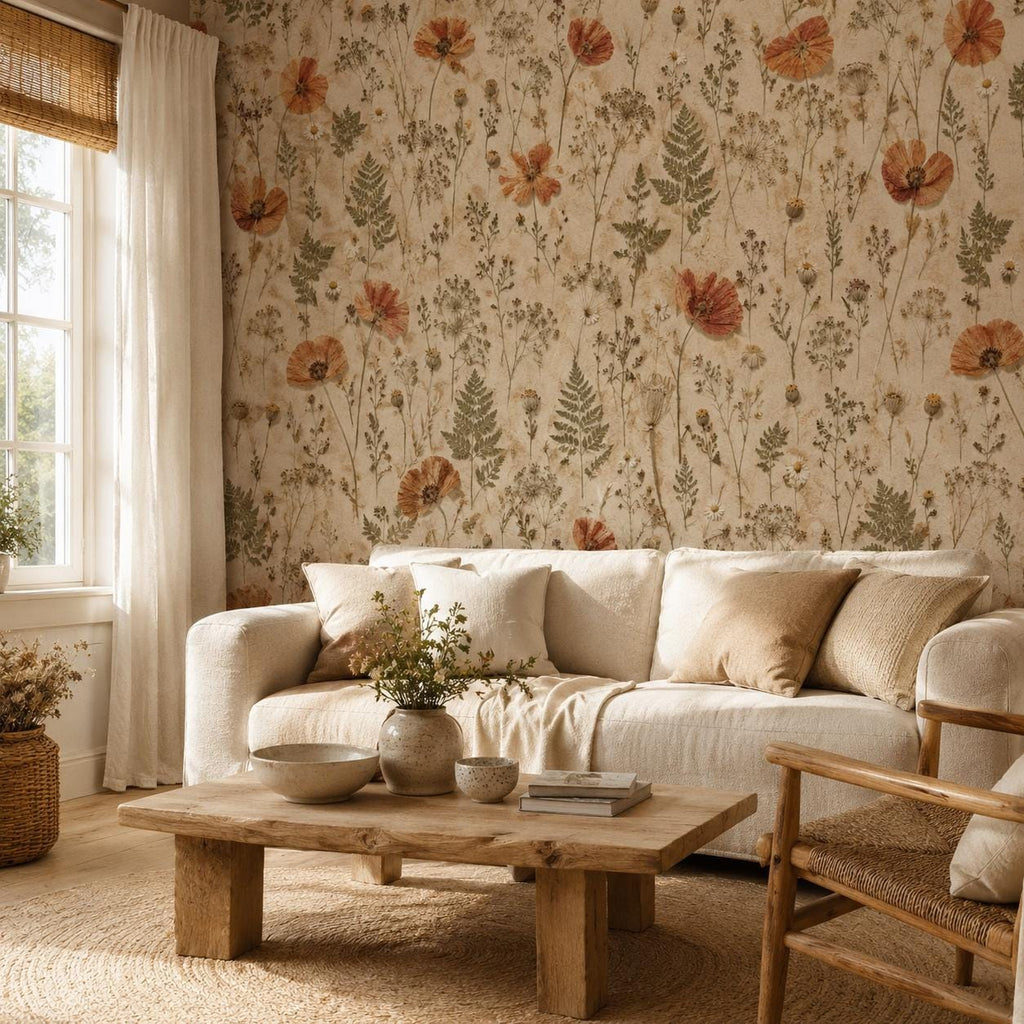 Pressed flower wallpaper in a living room with a cream sofa and rustic wooden coffee table