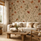 Pressed flower wallpaper in a living room with a cream sofa and rustic wooden coffee table