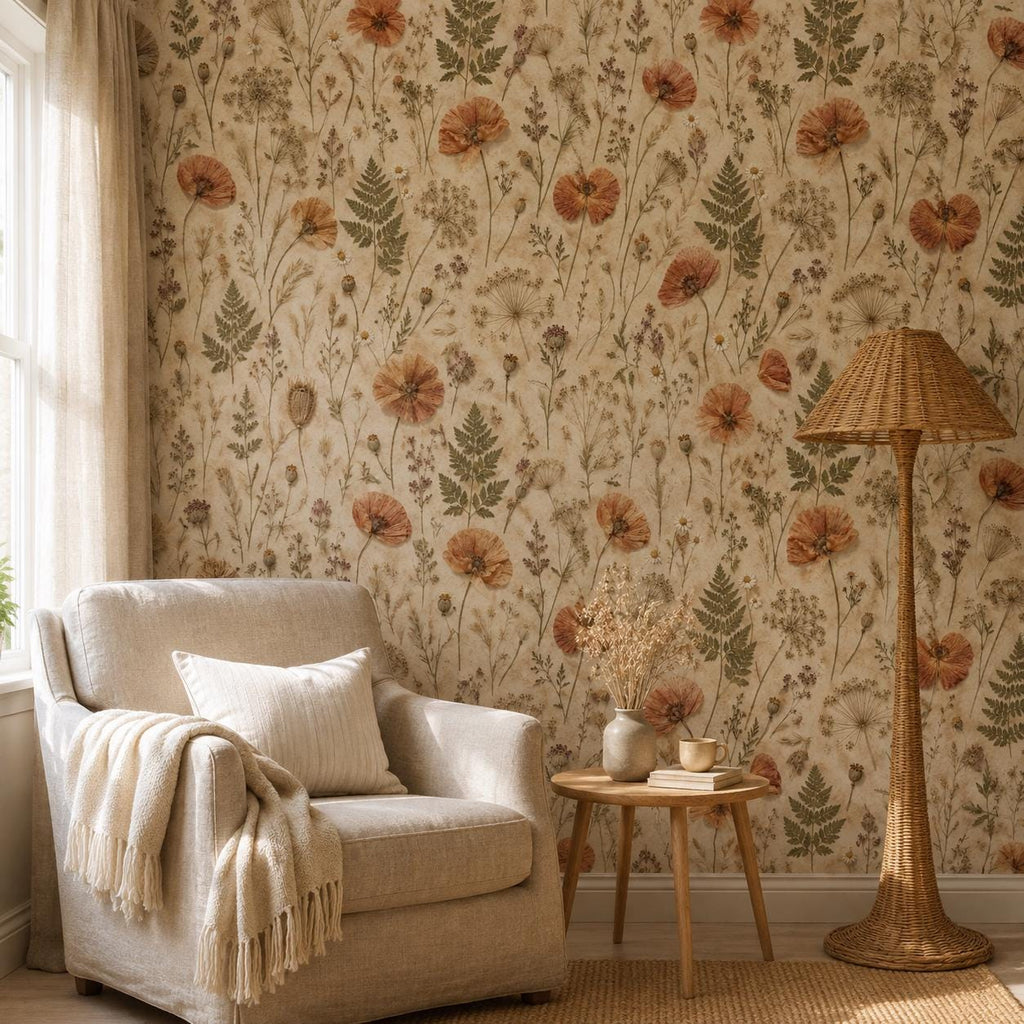 Pressed flower wallpaper in a reading corner with a cream armchair and rattan floor lamp