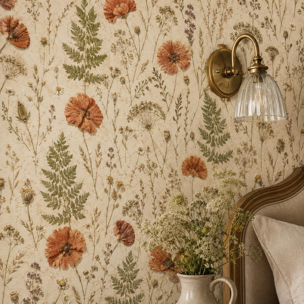 Pressed flower wallpaper close-up of poppies and ferns beside a brass wall sconce