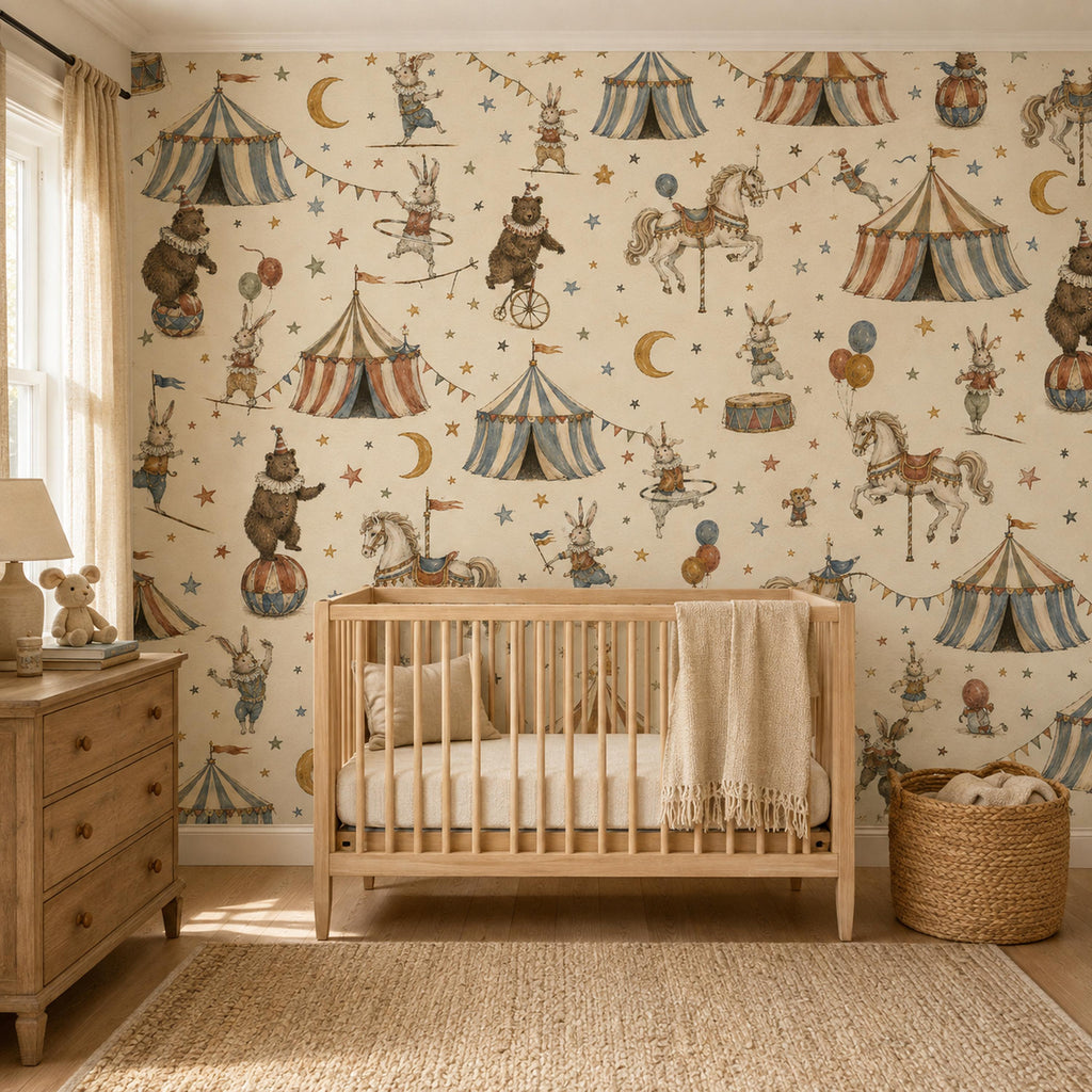 Vintage circus nursery wallpaper in a nursery with a wooden crib, dresser and woven basket