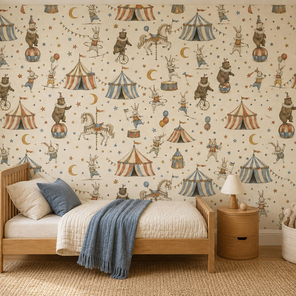 Vintage circus nursery wallpaper behind a wooden daybed with a blue throw and round side table