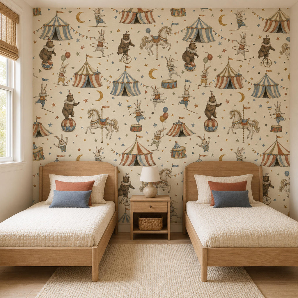 Vintage circus nursery wallpaper in a shared kids room with two wooden twin beds and a nightstand