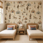 Vintage circus nursery wallpaper in a shared kids room with two wooden twin beds and a nightstand