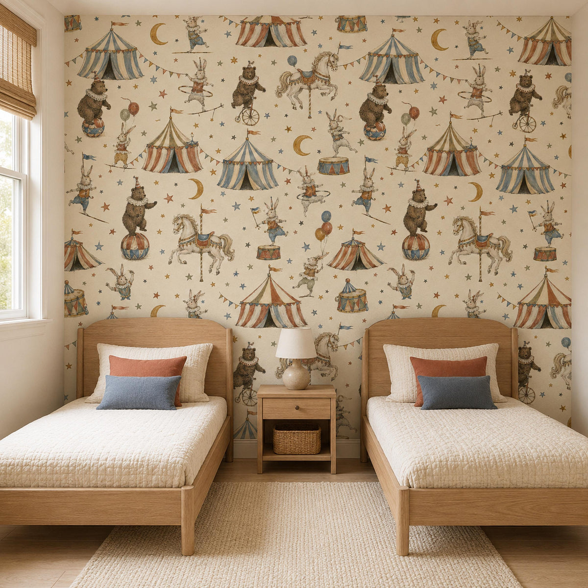 Vintage circus nursery wallpaper in a shared kids room with two wooden twin beds and a nightstand