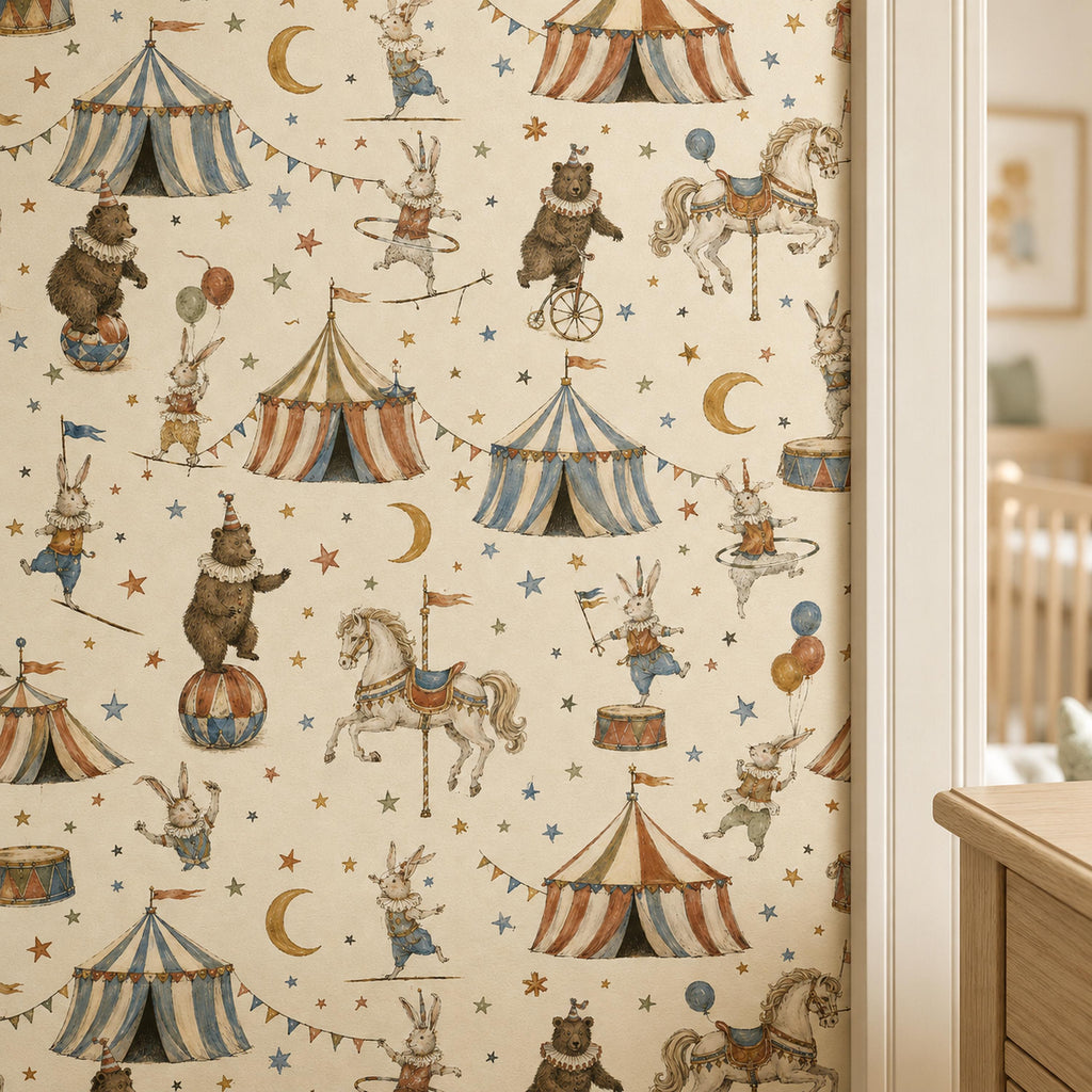 Vintage circus nursery wallpaper close view of bears, tents and carousel horses on a nursery wall