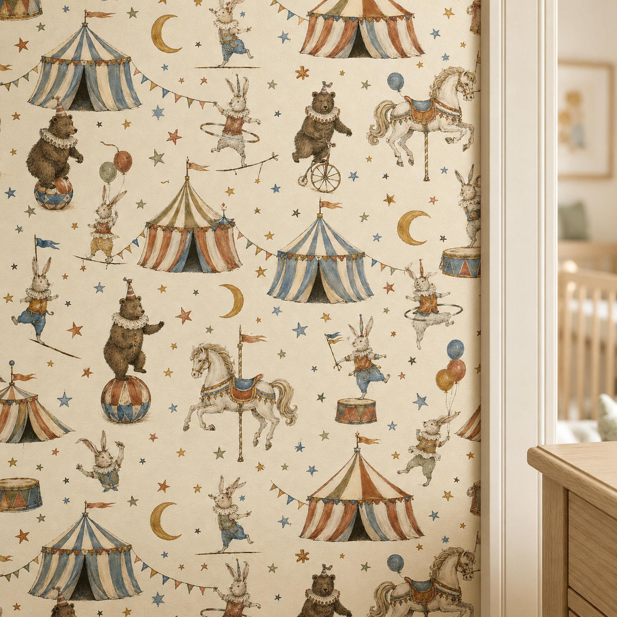 Vintage circus nursery wallpaper close view of bears, tents and carousel horses on a nursery wall